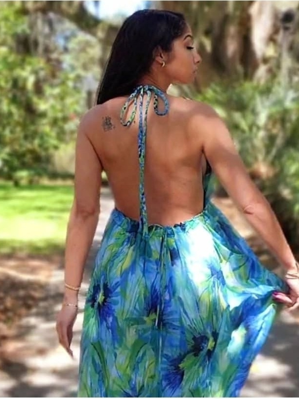 Millibon Blue & Green Floral Halter Dress with Tie Neck